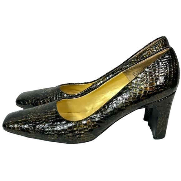 Bellini Marta Square Toe Heels Embossed Croc Patent Leather Brown Green size 11 - Picture 3 of 16